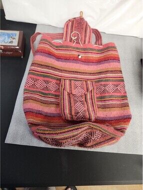 Guatemalan PINZON Textile Backpack Colorful Woven Fabric Hippie Boho PINK!.